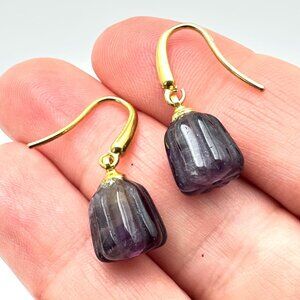 Purple Amethyst Gemstone Pumpkin Drop 18K Gold Plated Pierced Earrings Fall